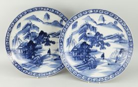 PAIR OF KOREAN BLUE & WHITE LANDSCAPE CHARGER DISHES