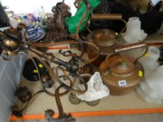 TWO COPPER KETTLES, copper ceiling light and shades