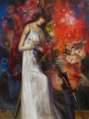 20TH CENTURY BRITISH SCHOOL oil on canvas - lady cellist, indistinctly signed verso, inscribed '