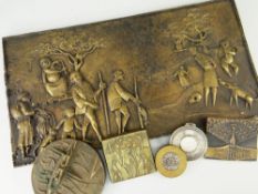 HEAVY BRONZE RECTANGULAR PLAQUE depicting figures in a landscape, singed, label verso for a 1986