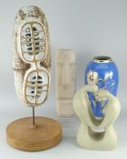 20TH CENTURY STONEWARE SCULPTURE raised by dowel over a circular wooden base, together with a