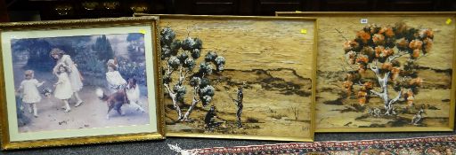 WESLEY (ABORIGINAL SCHOOL) pair of primitive paintings on bark - Aboriginal tribesmen and trees,