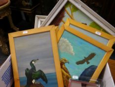 COLLECTION OF NAIVELY PAINTED OILS ON BOARD OF BIRDS ETC