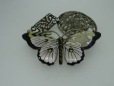 THREE ITEMS OF JEWELLERY IN A VINTAGE CASE comprising Norwegian silver and enamel butterfly