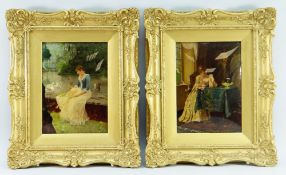 TWO CRYSTOLEUMS DEPICTING YOUNG LADIES, one in an interior, the other in a garden (the latter signed