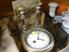 BRASS MERCER SHIP'S CLOCK, small postal paper scales, EPNS candlesticks and tie press