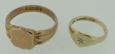 9CT YELLOW GOLD DIAMOND CHIP HEART DESIGN RING together with 9ct rose gold shield design signet