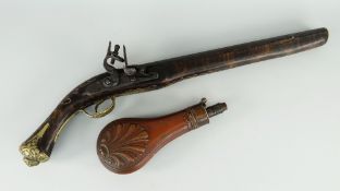 REPRODUCTION ORNAMENTAL FLINTLOCK PISTOL with mother of pearl inlay and brass decoration, together