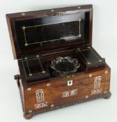 19TH CENTURY ROSEWOOD MOTHER OF PEAL INLAID TEA CADDY having twin handles raised on bun type feet,