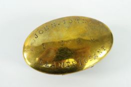 VICTORIAN WELSH OVAL BRASS WORKED SNUFF BOX inscribed John John, Llantrisant, 1896