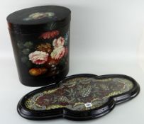 VICTORIAN STAINED WOODEN BEAD WORK STAND & LAQUER-WORK COVERED BOX the stand raised on four bun type