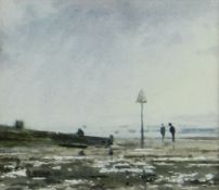 GARETH THOMAS watercolour - coastal scene with two figures and signpost, signed, 12 x 13.5cms