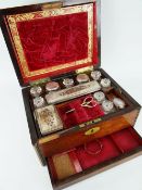 19TH CENTURY MAHOGANY BRASS BOUND LADIES VANITY BOX, the fitted interior including silver plated