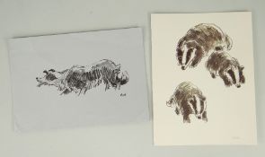 TWO SIR KYFFIN WILLIAMS RA Christmas card prints - three studies of badgers and another of working