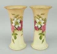 PAIR OF ROYAL WORCESTER BLUSH IVORY TRUMPET VASES decorated with roses and flowers, circa 1930's,