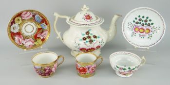 19TH CENTURY LUSTRE GLAZED POTTERY TEAPOT, similar cup and saucer, and a fine gilded and floral trio