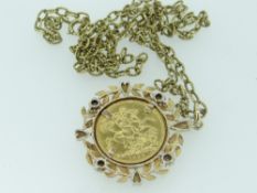 VICTORIAN 1896 GOLD FULL SOVEREIGN SET IN 9CT GOLD HEART, FLORAL AND DIAMOND CHIP MOUNT on 9ct