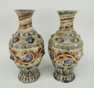 PAIR OF DOULTON LAMBETH GEORGE TINWORTH BALUSTER VASES overall decorated with applied bead and shell