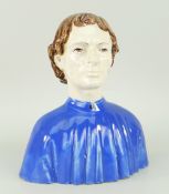BRETON EARTHENWARE GLAZED BUST OF A MONK in blue cassock, bears cockerel mark to hollow interior,