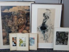 SKARLET collection of six framed illustrations - surreal figurative, each signed, various sizes