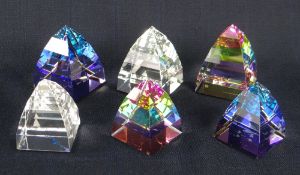 SIX SWAROVSKI CRYSTAL PYRAMID PAPERWEIGHTS in Bermuda Blue, 40mm & 50mm