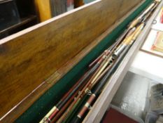 VINTAGE WOODEN FISHING ROD BOX and assorted contents of fly-fishing rods