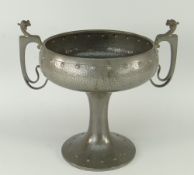 ARTS & CRAFTS HAMMERED PEWTER TAZZA with twin Griffin handles, the base impressed 'Homeland W &