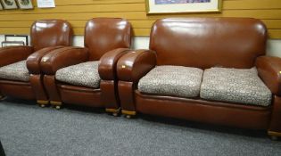 CIRCA 1940's / 50's ART DECO INFLUENCE LEATHERETTE THREE PIECE SUITE comprising two seater settee