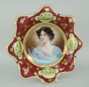 AUSTRIAN PORCELAIN DISH centred with a head and shoulders portrait of a female, signed 'Vettori'