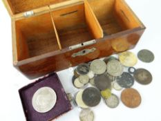 VINTAGE TREEN MONEY BOX & ASSORTED COINAGE CONTENTS some early coins noted, boxed Festival of