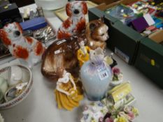 ASSORTED CERAMICS including a pair of Staffordshire dogs, Coalport figurine, Italian reclining cat