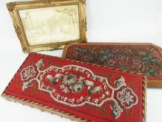 TWO VICTORIAN BEAD WORK STANDS together with carved chalk work picture depicting figures in a