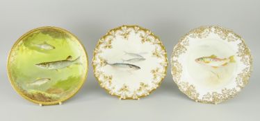 THREE ROYAL DOULTON BONE CHINA HAND PAINTED CABINET PLATES, all signed, one titled 'Trout',