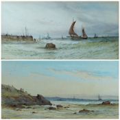 A CLARENCE watercolours, a pair - coastal scenes with sailing ships, 12.5 x 25cms