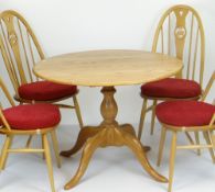 BLONDE ERCOL CIRCULAR BREAKFAST TABLE & FOUR SWAN & HOOP BACK ERCOL CHAIRS, breakfast table 98cms