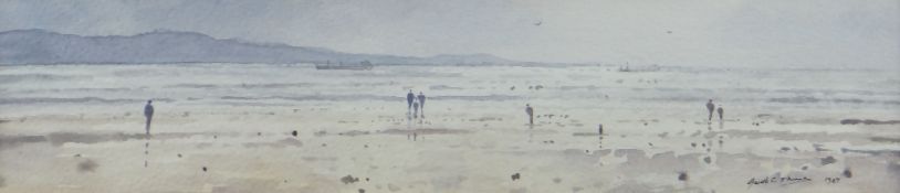 GARETH THOMAS watercolour - a beach scene with numerous figures and distant boats, signed and