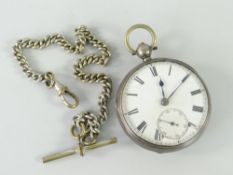 SILVER POCKET WATCH enamel dial with Roman numeral chapter ring together with T-bar pocket watch