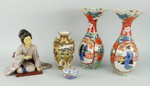 PAIR OF IMARI BALUSTER VASES WITH WIDE CRIMPED NECKS, typically decorated, 24cms high, together with