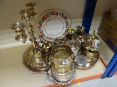 ASSORTED EPNS including candelabra, wine bucket, salvers, teaware, Royal Worcester cake plate and