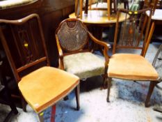 PAIR OF EDWARDIAN CUSHION SEATED BEDROOM CHAIRS & SIMILAR PERIOD CANE ARM CHAIR