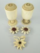 ANTIQUE IVORY comprising pair of pepperettes and three flower brooches