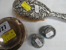 SILVER TOP GLASS DRESSING TABLE JAR, silver cherub decorated brush, together with pair of white