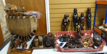 TRIBAL ART including wooden figural carvings, carved animals, bead work, animal skin drum ETC
