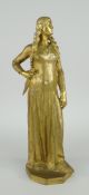 GILT BRONZE FIGURINE, possibly Pocahontas with long platted hair and side dagger, signed C H.
