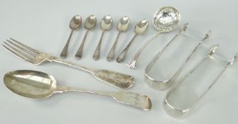 ASSORTED SILVER FLATWARE to include sifter-spoon, sugar-tongs, table cutlery ETC, 9.7ozs total