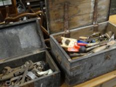 TWO VINTAGE WOODEN TOOL BOXES & CONTENTS