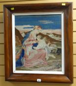 BERLIN WORK BIBLICAL SAMPLER - two figures in a landscape in a rosewood frame, circa 1890, 67 x