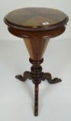 CIRCULAR MARQUETRY TOP SEWING / WORK TABLE on turned tripod supports, lid hinging to reveal a