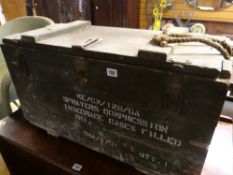 PAINTED WOODEN MILITARY AMMUNITION BOX with stencilled information to the exterior