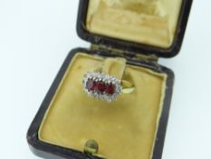 18CT YELLOW GOLD DIAMOND AND RUBY CLUSTER RING in Charles Fish Ltd jewellery box, 3.5gms.